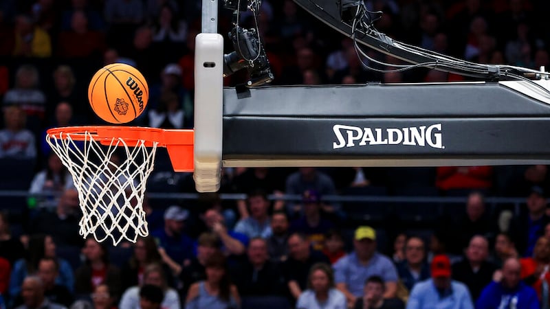 The Final Four logo is seen on the Wilson basketball during a First Four game in the NCAA...