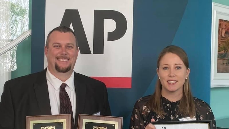 WVVA Employees Jared Morrison and Annie Moore with their Associated Press awards.