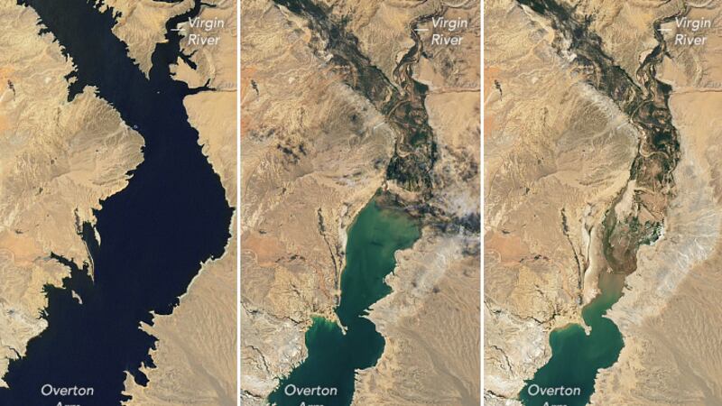 NASA has released new satellite images that show the rapid decline of water at Lake Mead since...